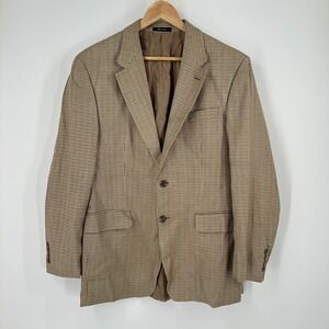 Chaps RL‎ Silk Blazer Houndstooth Two Button Brown Tan Mens 40R Academic Country